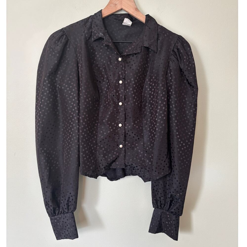 Vintage 70s Polka Dot Puff Sleeve Blouse Cropped Peplum Top M - Picture 1 of 7